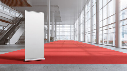Empty roll-up banner stand in red carpeted modern hallway perfect for mock up display advertisement trade show branding or corporate event