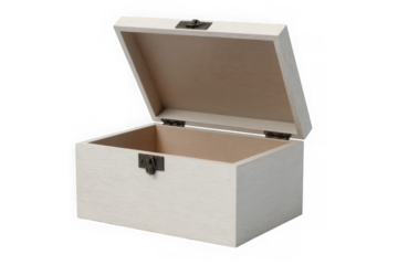 Open antique wooden treasure chest with metal clasp and hinges isolated on transparent background