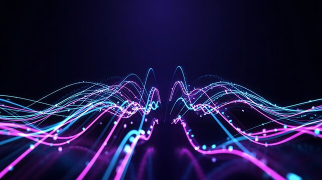 Abstract glowing neon light trails flowing in a futuristic wave pattern against a dark background with a deep purple gradient