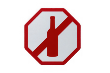 Red and white hexagonal prohibition sign with a red silhouette of a bottle crossed out isolated on transparent background