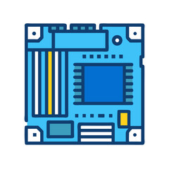 Stylized motherboard illustration on black backdrop with vibrant components