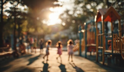 Blurred children playing outdoors in a park at sunset