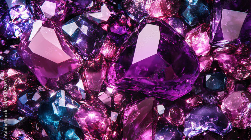 Poster beautiful cluster of purple crystals sparkling under soft light with unique shapes and patterns