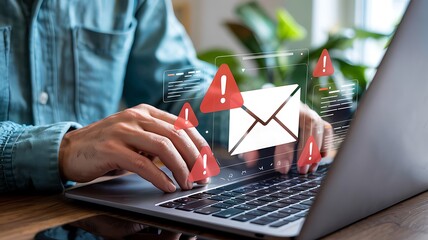 Person typing on laptop receiving suspicious email alerts with red exclamation marks and digital envelope icon symbolizing cyber threat warning