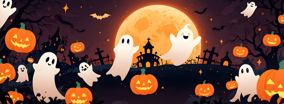 Cimeti&egrave;re hant&eacute; sous pleine lune avec fant&ocirc;mes et chauves-souris - Vectoriel violet orang&eacute;