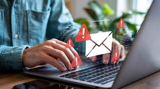 Person typing on laptop receiving suspicious email alerts with red exclamation marks and digital envelope icon symbolizing cyber threat warning