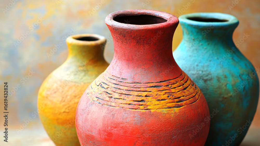 Poster trio of colorful vases gracefully arranged on a table adding brightness and style to the room