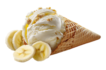 Creamy banana ice cream scoop topped with ripe banana slices and swirls, isolated on transparent PNG background for seamless cutout use in dessert packaging, menu design, and promotional graphics