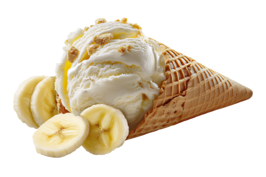 Creamy banana ice cream scoop topped with ripe banana slices and swirls, isolated on transparent PNG background for seamless cutout use in dessert packaging, menu design, and promotional graphics
