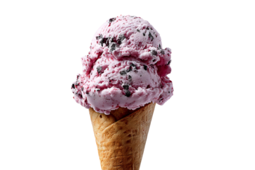 Velvety black raspberry chip ice cream scoop studded with rich dark berry chips isolated on a crystal-clear transparent PNG background for seamless cutout use in dessert packaging, menu design