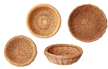 Isolated set of empty, handmade wicker baskets woven from natural brown straw on a transparent background