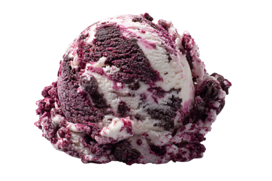 Velvety black raspberry chip ice cream scoop studded with rich dark berry chips isolated on a crystal-clear transparent PNG background for seamless cutout use in dessert packaging, menu design