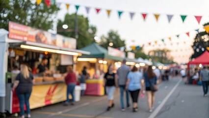 Fototapeta premium Defocused background of food stalls and festival banners — relaxed summer food fair 