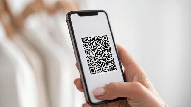 Smartphone hand holding QR code technology with blurred background - Powered by Adobe
