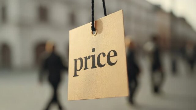 Price tag label hanging on paper with blurred warm background scene