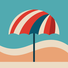 Retro beach umbrella on a sandy shoreline with ocean waves