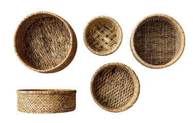 Isolated set of empty, handmade wicker baskets woven from natural brown straw on a transparent background