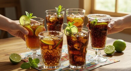 Refreshing drinks with lime and mint