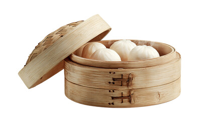 Closeup of a healthy breakfast meal: steamed sweet buns and fresh vegetables in a wooden bowl isolated on a transparent background