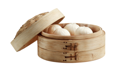 Closeup of a healthy breakfast meal: steamed sweet buns and fresh vegetables in a wooden bowl isolated on a transparent background