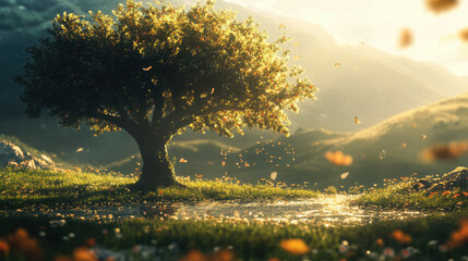 Dreamy sunrise landscape with a single tree on rolling hills peaceful nature background for meditation wellness and countryside blogs