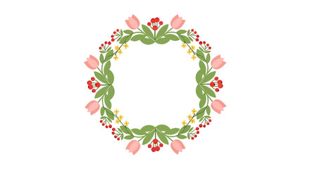 Fototapeta premium Delicate Floral Oval Wreath with Pink Tulips and Red Berries