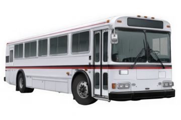 Classic white city bus with red stripe detail isolated on transparent background