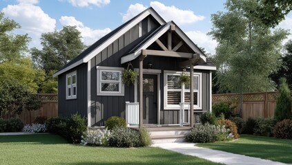 Small, cozy cabin with dark gray siding and light trim
