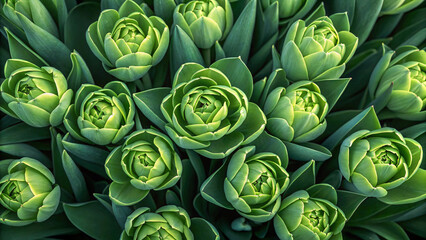 Obraz premium Fresh green tulip buds arranged naturally, showing unopened flowers with pointed petals and vibrant green foliage in garden setting.