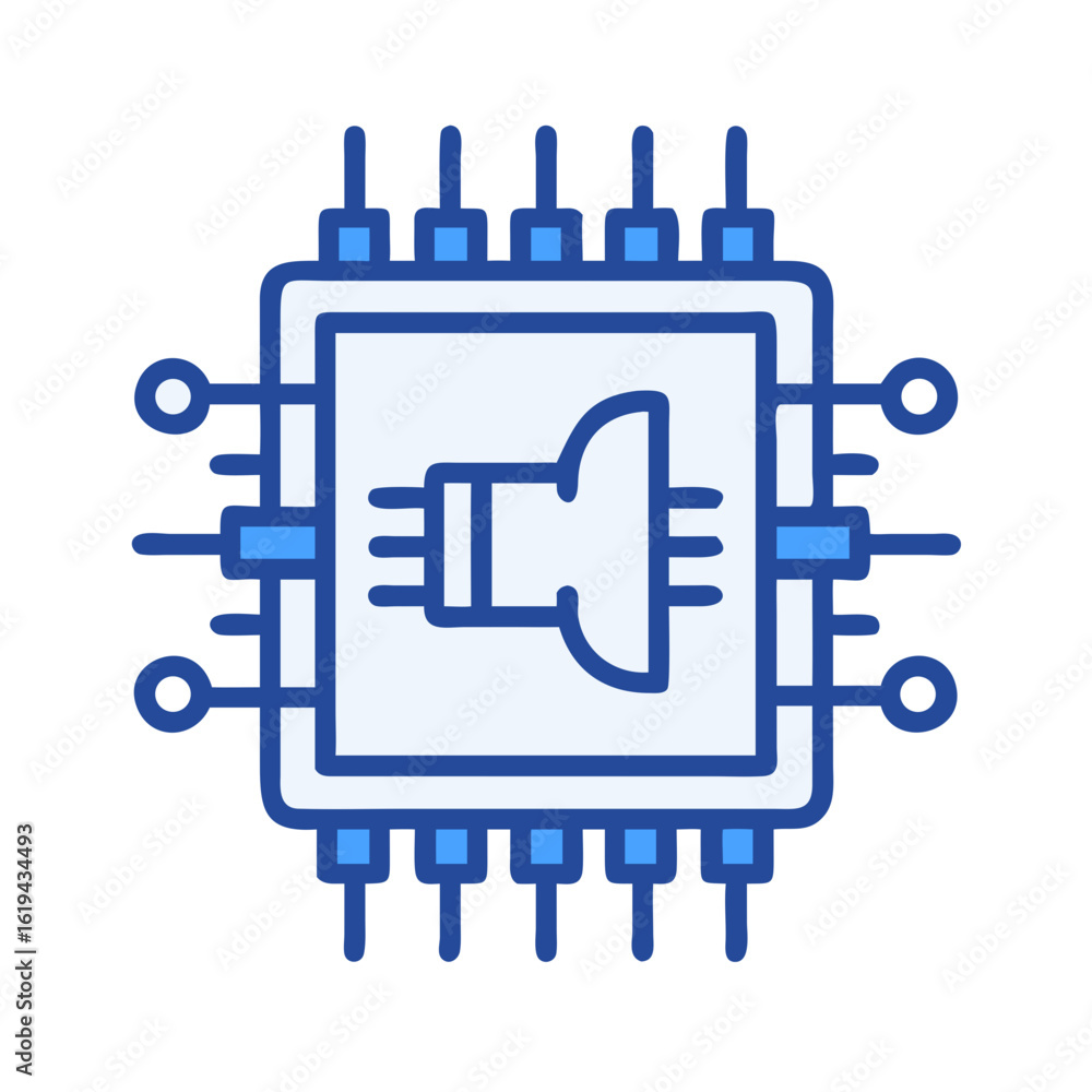 Poster blue processor chip with speaker icon on black background