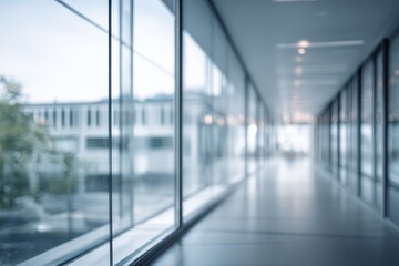 Blurry modern office hallway with large windows