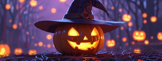 Citrouille Halloween au chapeau violet entourée de citrouilles lumineuses - Style anime manga 3D
