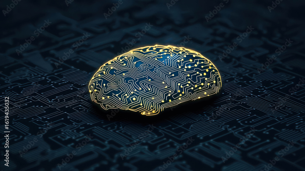 Poster digital brain design with intricate circuitry patterns, glowing elements on dark background for tech