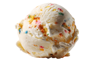 Creamy cake batter ice cream scoop dripping over moist vanilla cake layer isolated on transparent PNG background for effortless cutout dessert design and bakery marketing assets