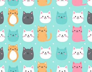 Cute cartoon cats in a repeating pattern on a light teal background (1)