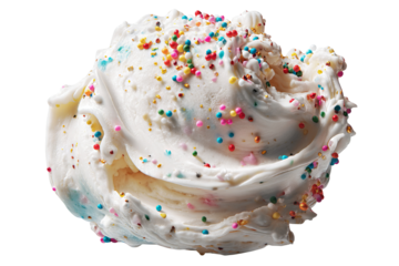 Creamy cake batter ice cream scoop dripping over moist vanilla cake layer isolated on transparent PNG background for effortless cutout dessert design and bakery marketing assets