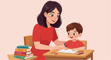 Teacher Helping Student with Homework Vector Illustration