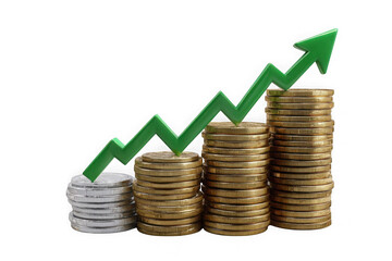 Financial growth represented by stacks of coins and an upward trending green arrow isolated on transparent background