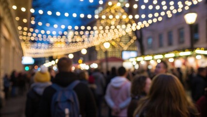 Fototapeta premium Motion-blur of crowd under glowing garlands — energy and excitement of night celebration 