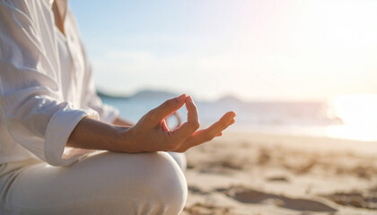 woman meditation on the beach by the sea. the essence of Zen meditation by the sea, where calm waves meetmindful still