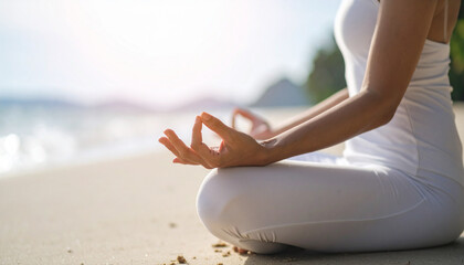 woman meditation on the beach by the sea. the essence of Zen meditation by the sea, where calm waves meetmindful still