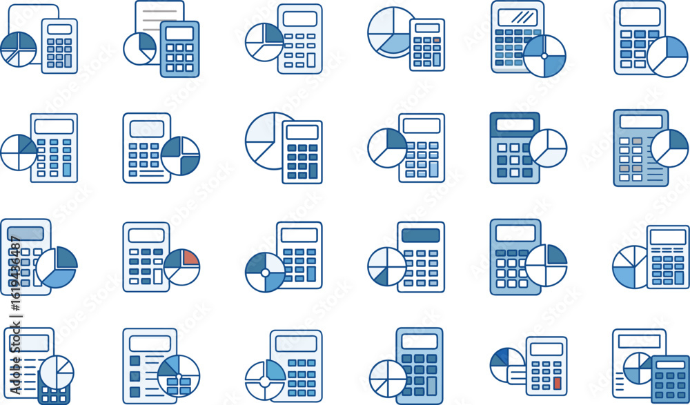 Poster collection of blue calculator icons with accompanying pie charts representing data visualization