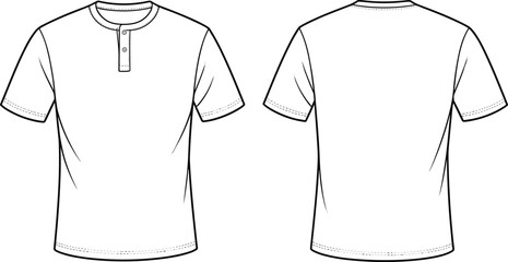 Men's short sleeve classic Henley t-shirt fashion flat sketch template, casual comfortable versatile basic cotton top garment, detailed front and back views, vector illustration design. © Hasan Creatives
