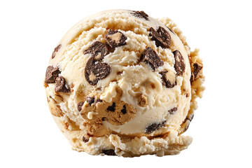 Creamy chocolate chip cookie dough ice cream scoop with gooey dough chunks and crunchy chips isolated on a transparent PNG background for cutout design, ideal for dessert menus and packaging mockups