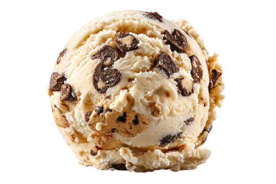 Creamy chocolate chip cookie dough ice cream scoop with gooey dough chunks and crunchy chips isolated on a transparent PNG background for cutout design, ideal for dessert menus and packaging mockups - Powered by Adobe