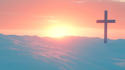Obraz premium Wooden cross on a snow-covered hill at sunrise.