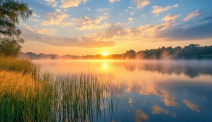 Obraz premium Serene lake at sunset with rocky shoreline, lush greenery, and vibrant orange sky reflecting on calm water, creating a peaceful natural landscape perfect for relaxation and nature themes