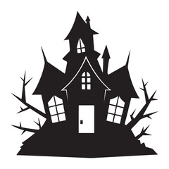 Silhouette of a spooky haunted mansion on a hill