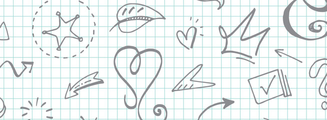 Welcome Back to school horizontal banner, doodle on checkered paper background, vector illustration.