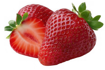 Fresh ripe strawberries one whole and one halved with green leaves isolated on transparent background